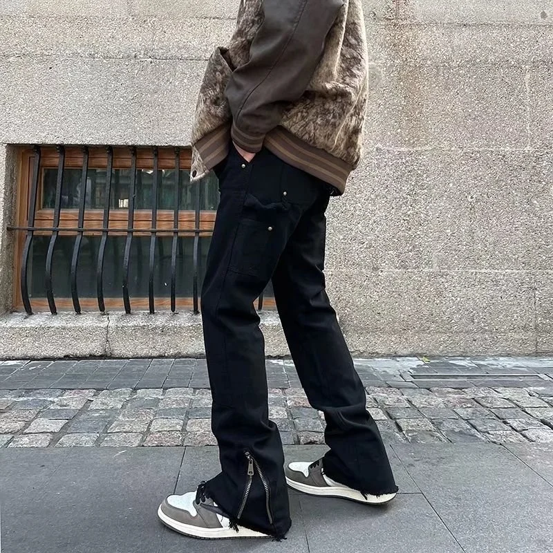 

2023 Ankle Zipper Black Streetwear Joggers Men Cargo Pants Hip Hop Straight Casual Drawstring Long Trousers Pantaloni Uomo