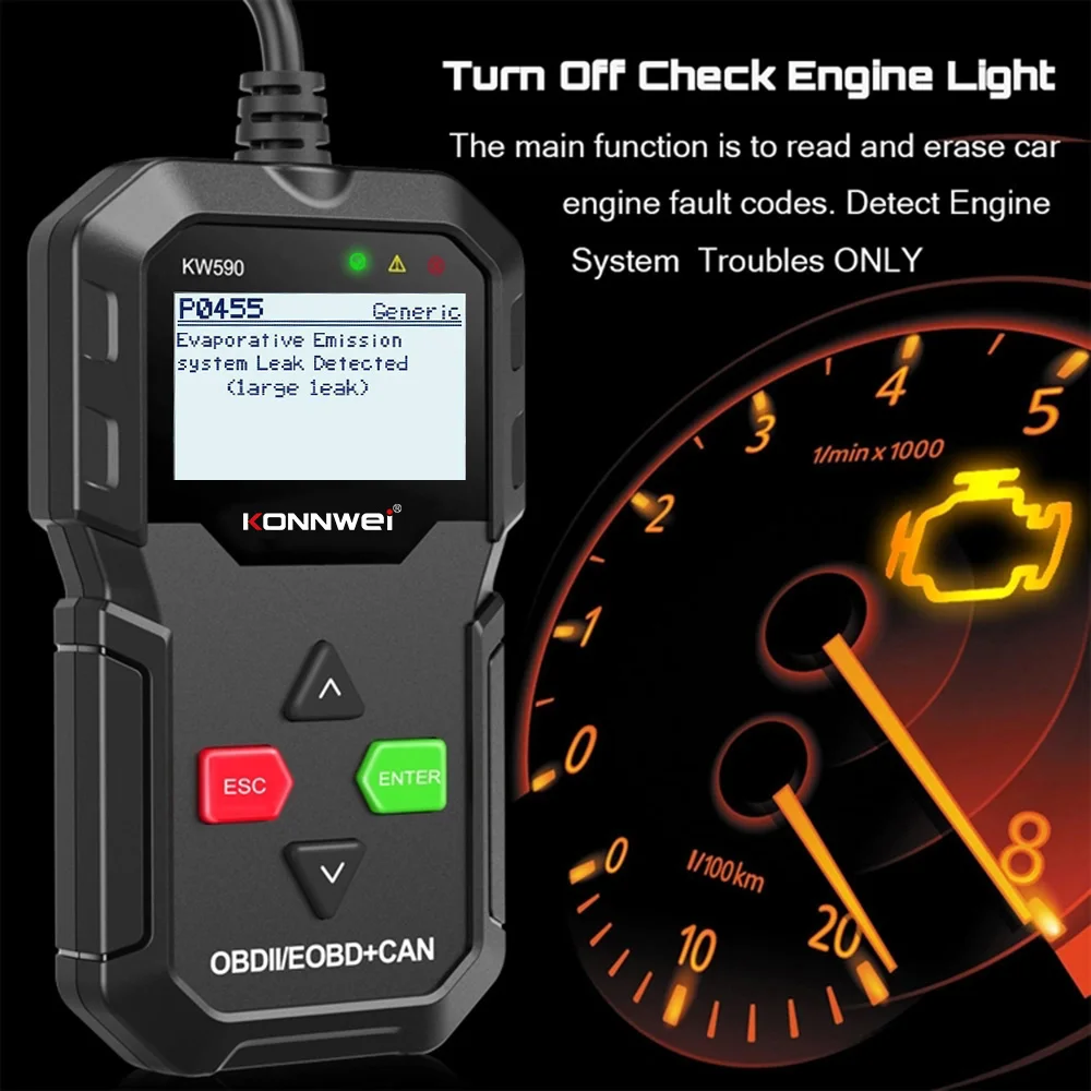 Фото Диагностический сканер KONNWEI KW590 OBD2 2026 года: считывание и удаление кодов неисправностей, поиск кодов DTC, тестирование кислородных датчиков, отображение данных в реальном времени №2