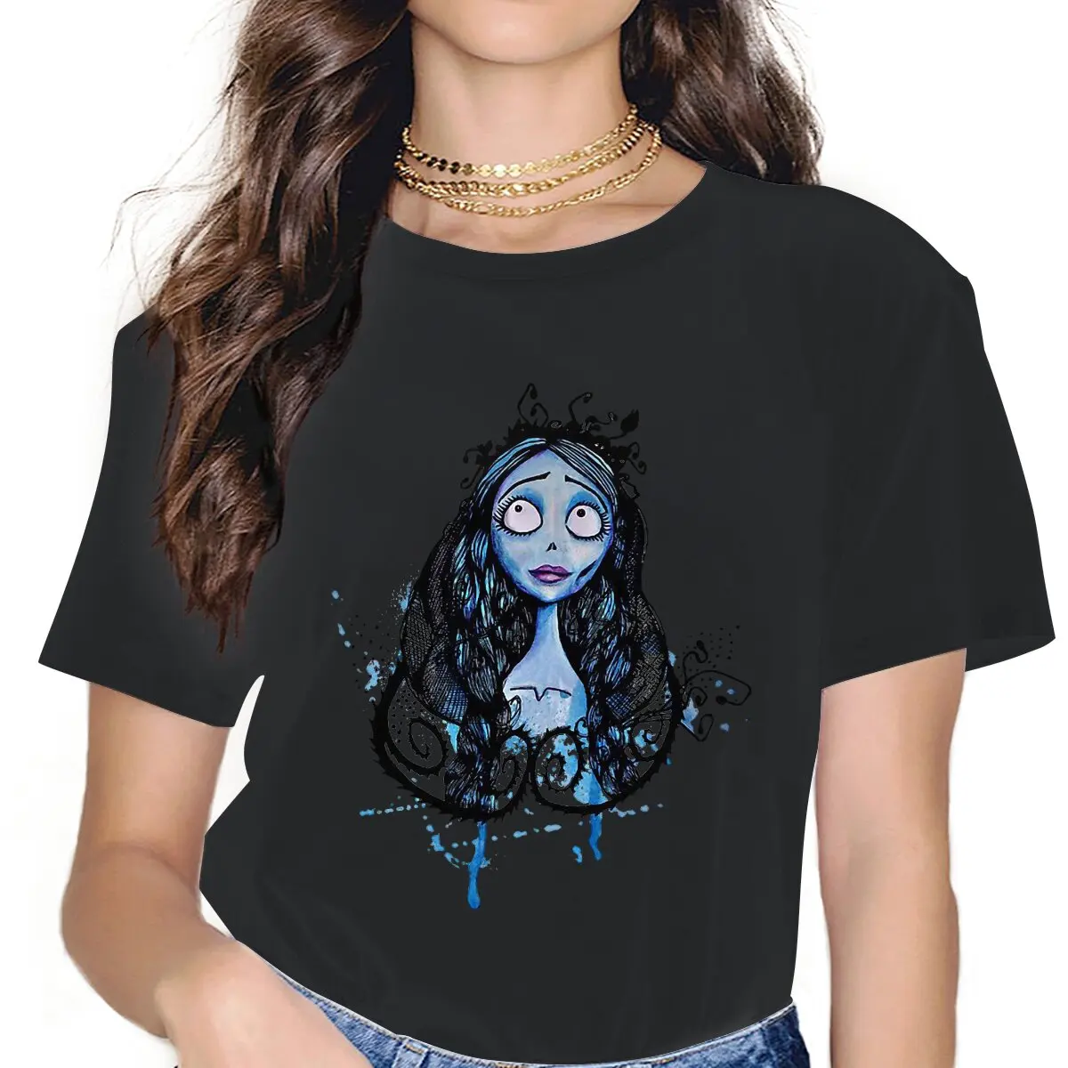 

Blue Women Tshirts Tim Burton's Corpse Bride Gothic Vintage Female Clothing Cotton Graphic Short Sleeve