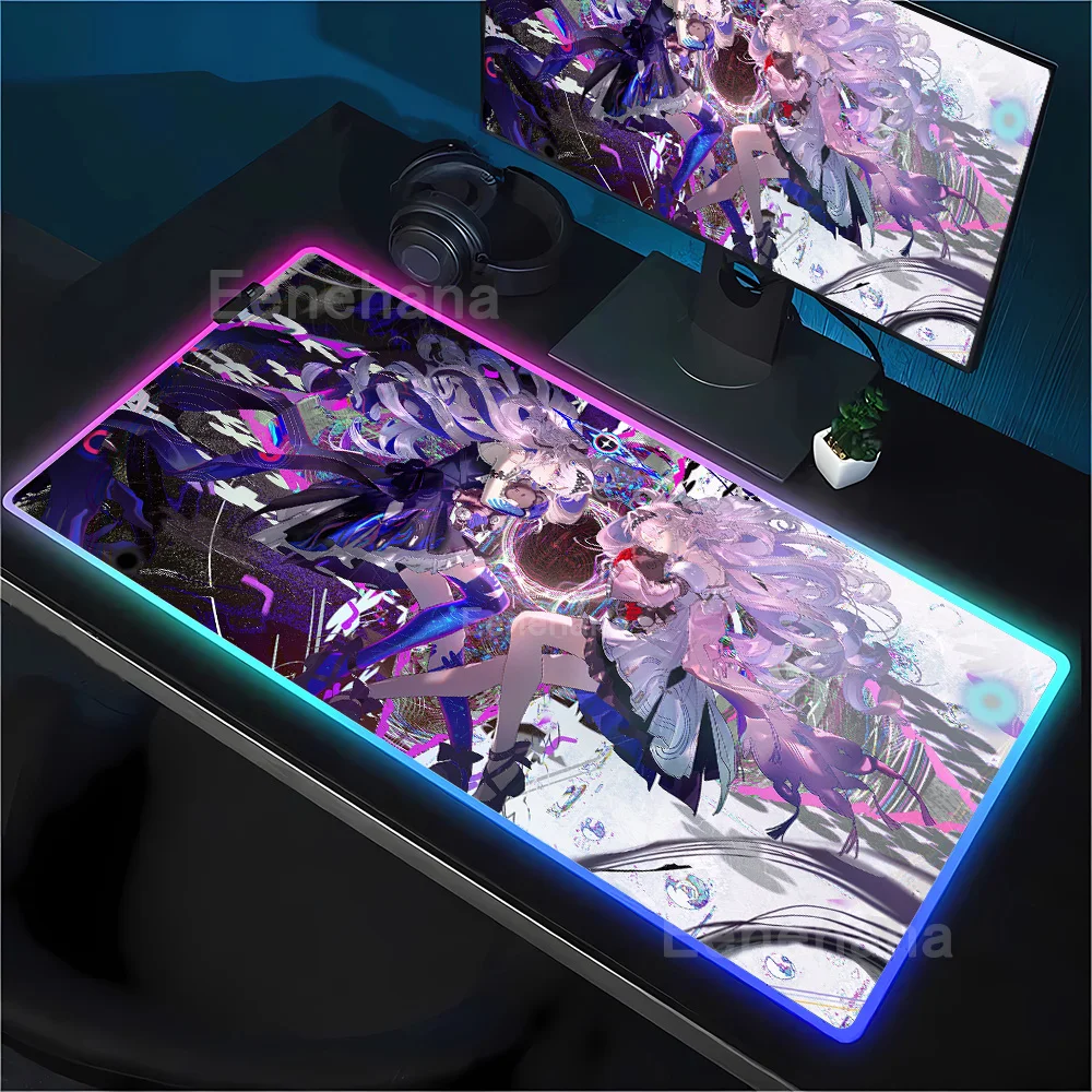 Фото Коврик для мыши RGB Wuthering Waves Denia Kawaii с изображением аниме-девушки, офисный коврик для клавиатуры и мыши с LED-подсветкой, резиновый коврик для стола с HD-печатью и подсветкой №3