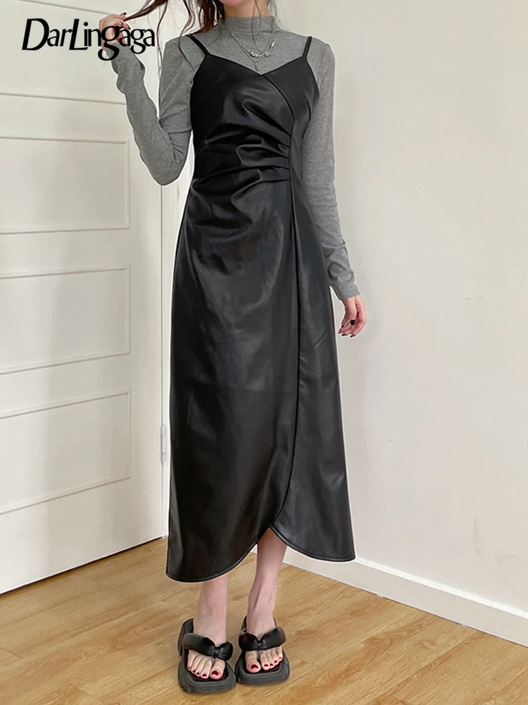 

Darlingaga Asymmetrical Folds Fashion Gothic Black Leather Dress Spaghetti Strap V Neck Party Women Dresses Long Ruched Clothing