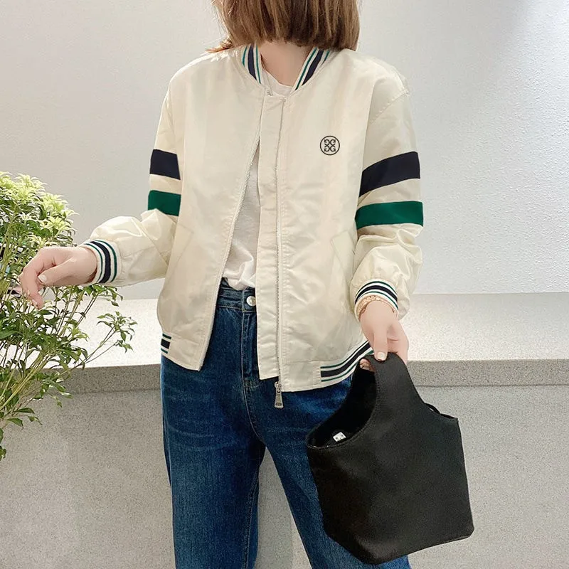 

Spring Golf Wear Women Korean Version Beige Zipper Round Neck Casual Jacket Golf Coat Fashion Stripe Ladies Golf Apparel Tops