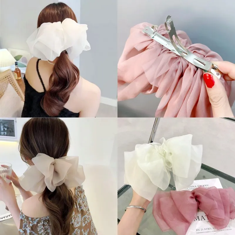 

New Long Oversize Bow Hair Clips For Women Net Yarn Bowknot Ribbon Hairpins Wedding Girls Hairgrips Hair Accessories Headdress