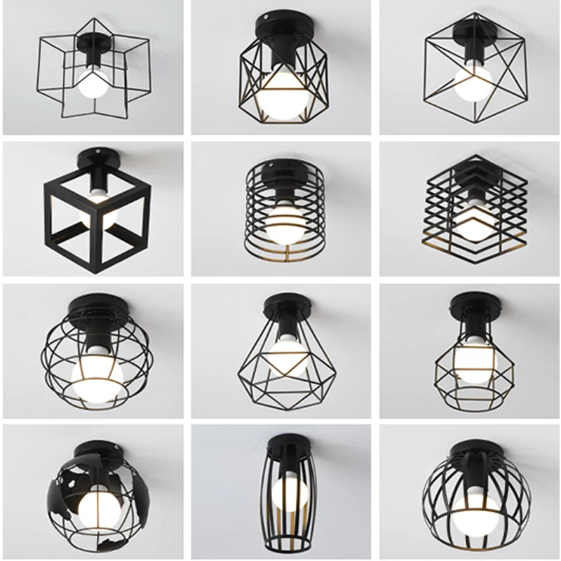 Iron Cage Metal Retro Ceiling Lamp for Entrance Aisle Interior E27 Vintage Ceiling Lights for Bedroom Kitchen Indoor Lighting