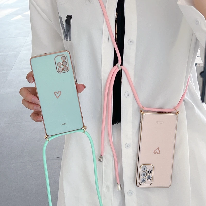 Love Heart Crossbody Lanyard Strap Plating Case For Samsung Galaxy A53 A 53 A52 A52S A73 A33 A72 A32 4G 5G A51 A71 A12 A22 Cover