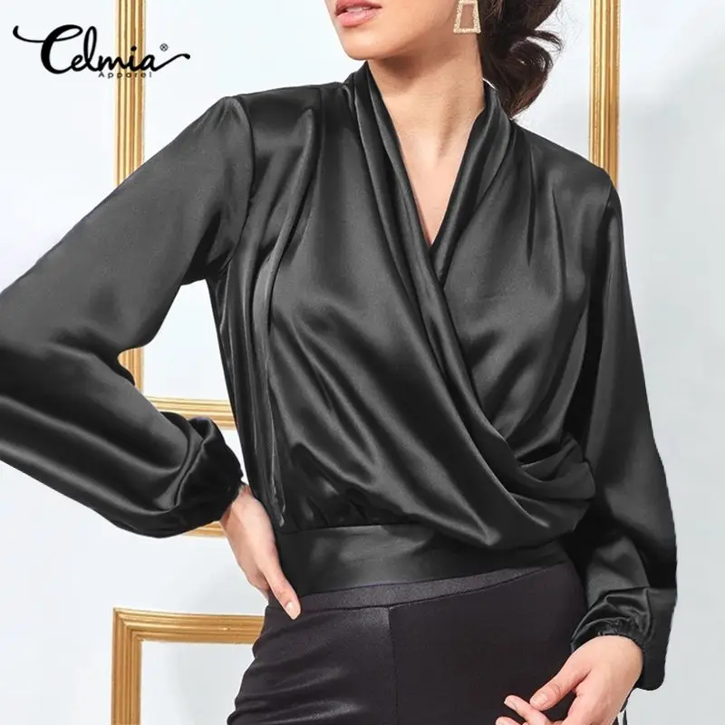 

Celmia 2022 Fashion Elegant Wrap Blouses Office Pleated Waist Short Tops Sexy V Neck Satin Blusas Long Puff Sleeve Women Shirts