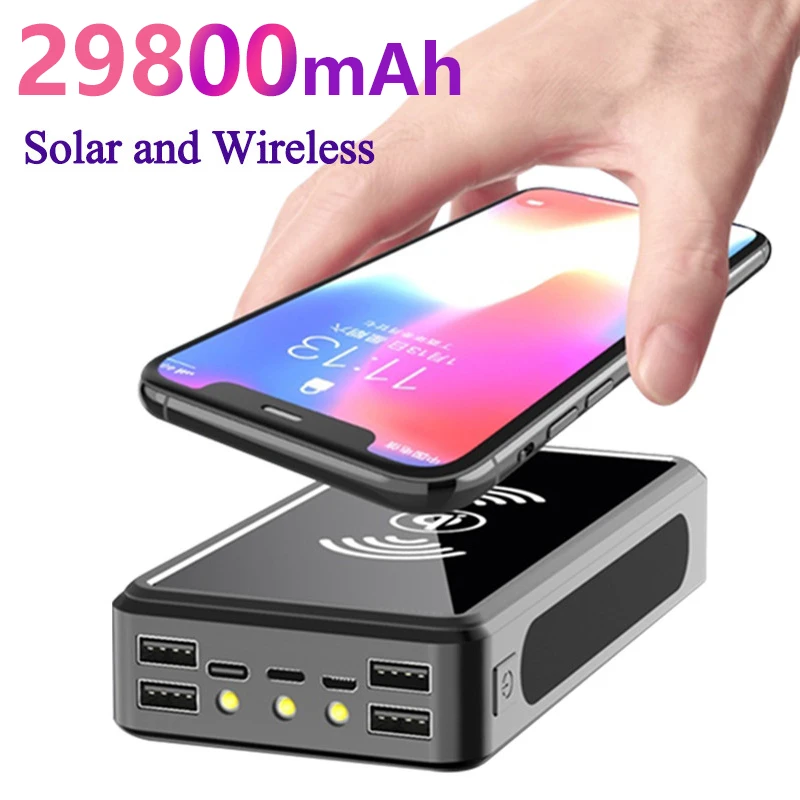 

2022 Wireless 29800mAh Power Bank Portable Fast Charging Solar Powerbank 4 USB Travel External Battery for Iphone Xiaomi Samsung