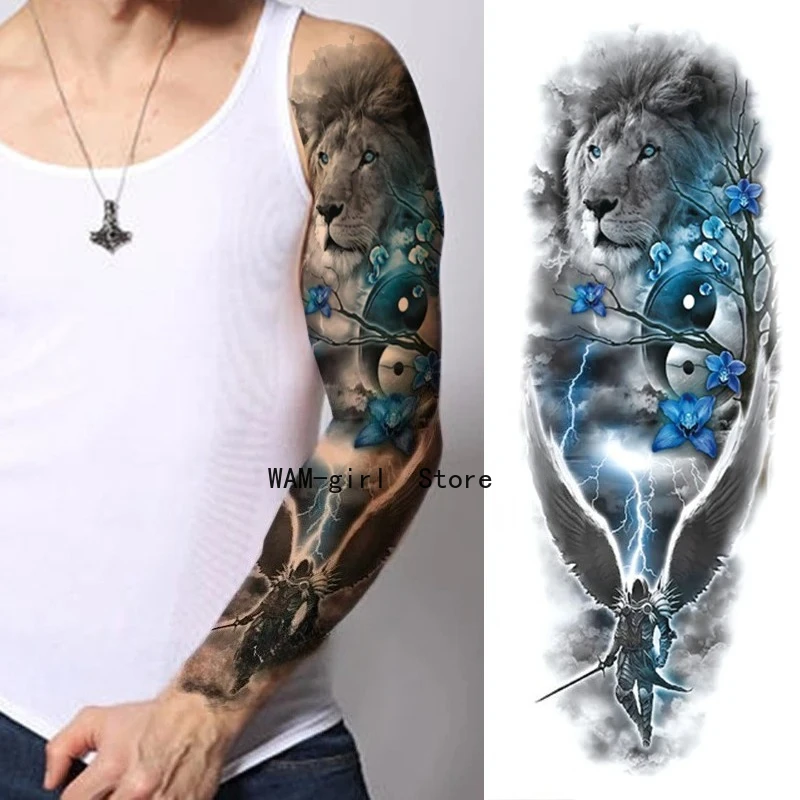 Фото Водостойкая татуировка на всю руку, временная татуировка на ногу, черная рыба, драго, мужские и женские рукава, большие поддельные искры №5