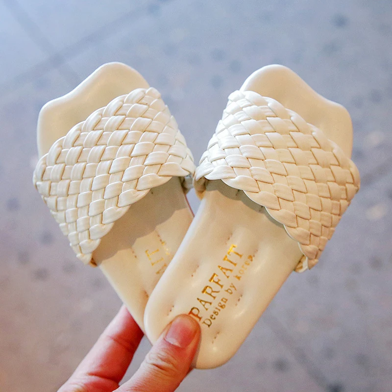

Children's Summer Slippers Kids Girls Bohemian Boho Vintage Woven Braided Net Leather Flats Slippers Solid Color Sweet
