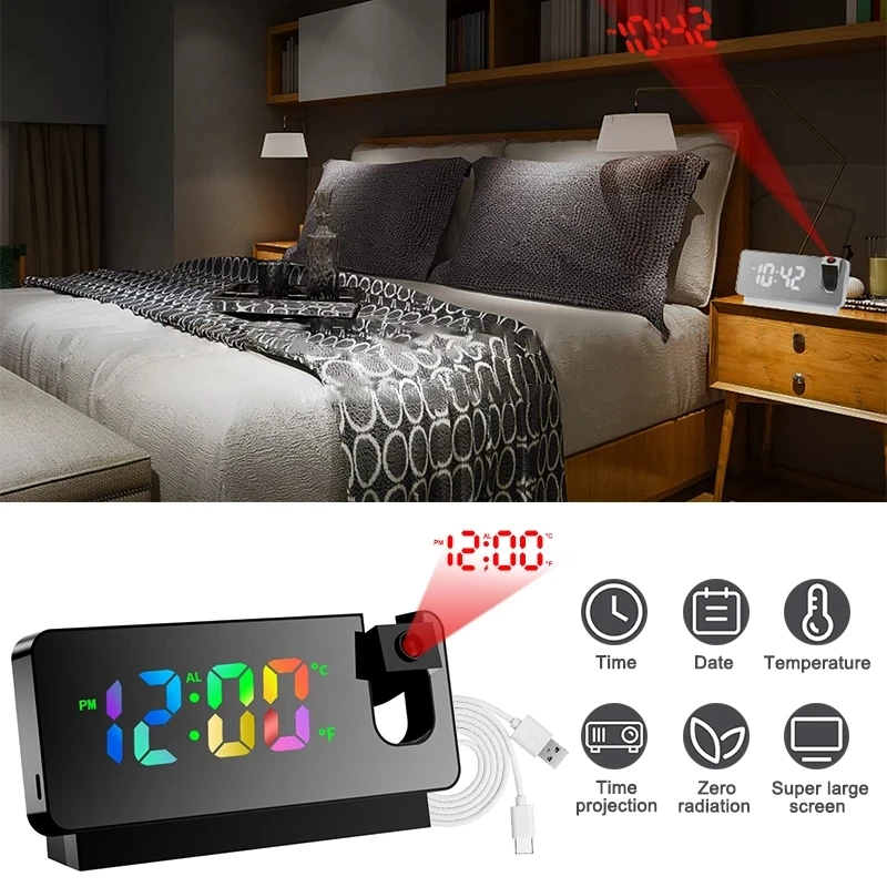 

180 ° Projection LED Digital Alarm Clock Electronic Table Clocks with Snooze Function Time Projector Bedside Clock for Bedroom