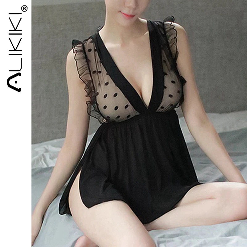 

Mesh Night Dress Lace Open Back Lingerie Women's Nightgown Sleepwear Nightie V-neck See Though Babydall Underwear Nightwear