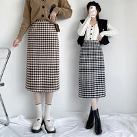 skirt womens fashion 2022 black and white plaid 2021 autumn and winter new fashion plaid skirt mid length slit long skirt