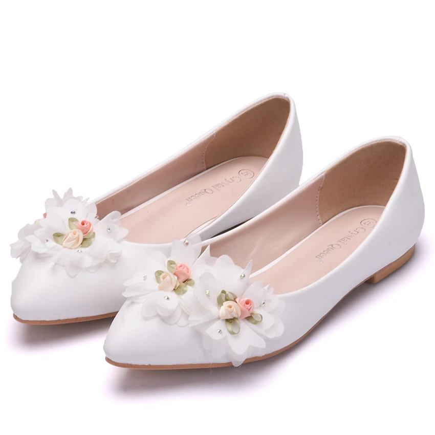 

White Lace Wedding Shoes Flower Bridal Dress Pointed Toe Ballerina Shoes Slip-On bow flat shoes