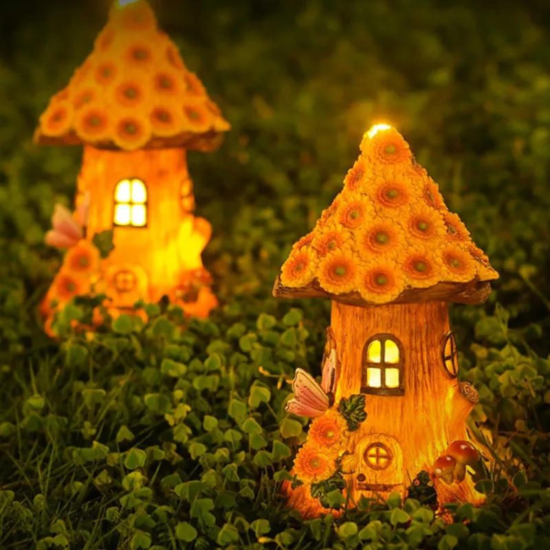 

Craft Miniature House Solar Powered Led Light Garden Fairy Outdoor Walkway Sun Flower Resin Cottage Christmas Lamp Decoration