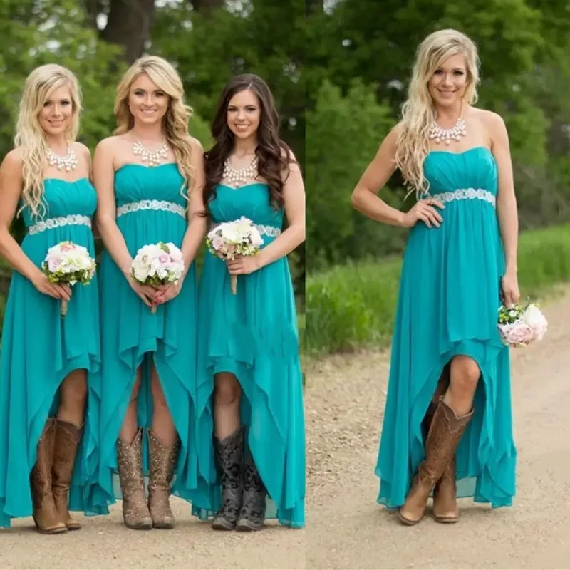 

Country Bridesmaid Dresses Teal Turquoise Chiffon Sweetheart High Low Beaded With Belt Party Wedding Guest Dress Maid Honor