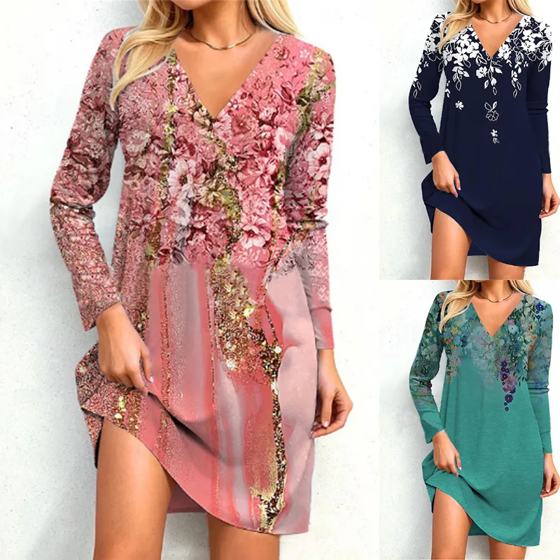 

Autumn and Winter Women's Dresses New Fashion Positioning Printed Loose Casual Splicing V-Neck Long Sleeve Female Dresses