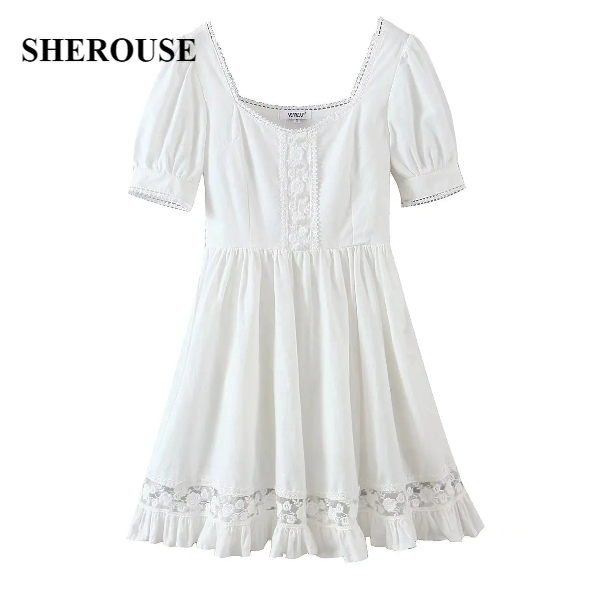 

Женское кружевное платье-мини Sherouse, винтажное платье с v-образным вырезом и коротким пышным рукавом