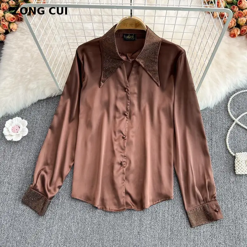

Женская атласная шелковая рубашка, однотонная офисная деловая рубашка с отложным воротником и длинным рукавом, со стразами, весна-осень 2022