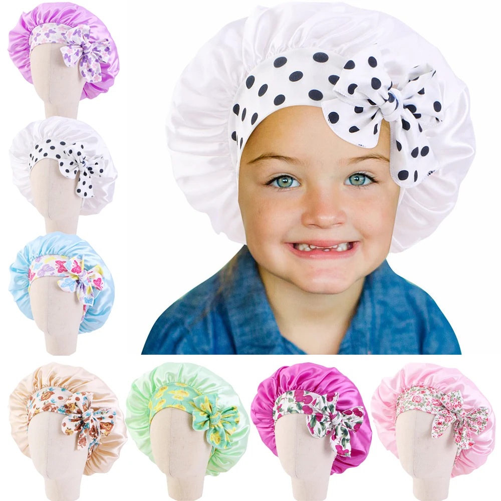 

New Elastic Kids Satin Bonnet Cap Sleeping Hat Night Sleep Chemo Cap Cute Bow Hair Care Nightcap Bonnet Turban Headwear Printed