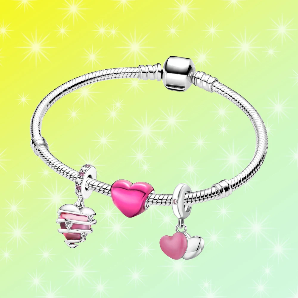 

925 Silver Pink Heart Shaped Snake Chain Bracelet fit for DIY Original Woman Banquet Jewelry Gift