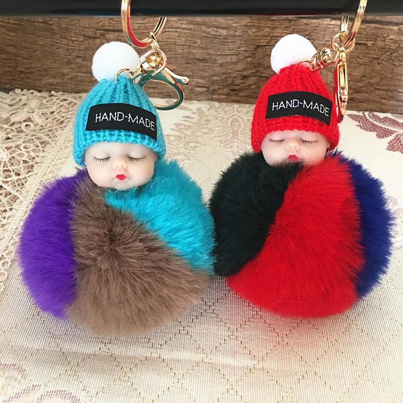 

8cm Fake Fur Doll Keychain Pompom Car Keyring Gold Color Chains Pompons Fake Fox Rabbit Fur Charms Chain Keychain for Girls