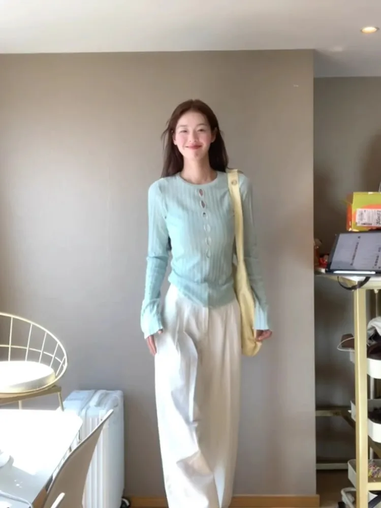 Design Sense Chic Hollow out Knit Женская ранняя осень Внутренняя одежда Базовая рубашка Pure Sweet