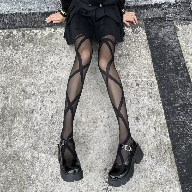 

Stockings Cross Stripe Women's Pantyhose Summer Nylon High Waist Tights Stockings JK Lolita Party Ladies Lingerie Hosiery