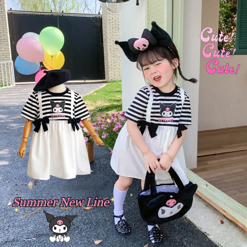 

Летнее платье принцессы Kawaii с аниме Kuromi для девочек, мультяшная Милая сетчатая юбка-пачка, юбка со складками в виде сердечек, подарок для детей