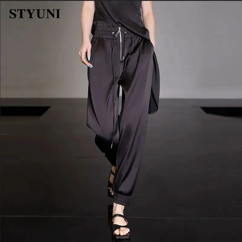 

Acetate High Waist Shirring Elastic Waist Women's Pants 2022 Spring Autumn Loose Korean Fashion Ankle-length Pants for Women