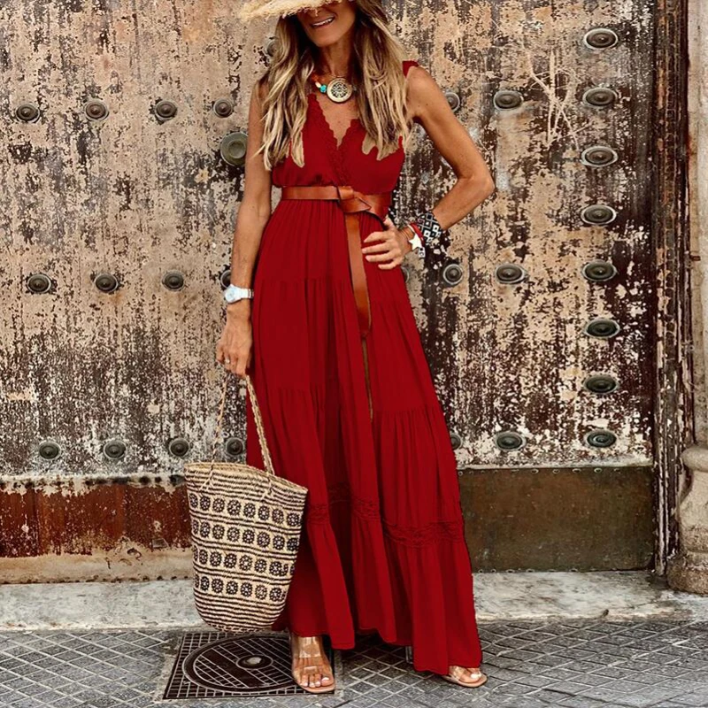 

Новый Красный винтажный V-образный вырез летом, приталенная Талия, французская длинная юбка, праздничный жилет без рукавов, пляжная юбка для...