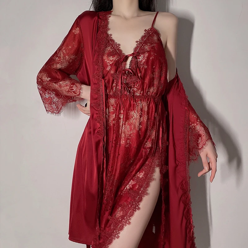 

Халат для сна из 3 предметов, платье, кружевные женские комплекты, ночная женская одежда для сна на свадьбу, одежда для сна невесты, пижама большого размера