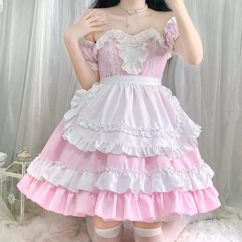 

Japanese Lolita Anime Ruffles Dress for Women Girl Cute Kawaii Bow Bear Lace Dress Halloween Costume