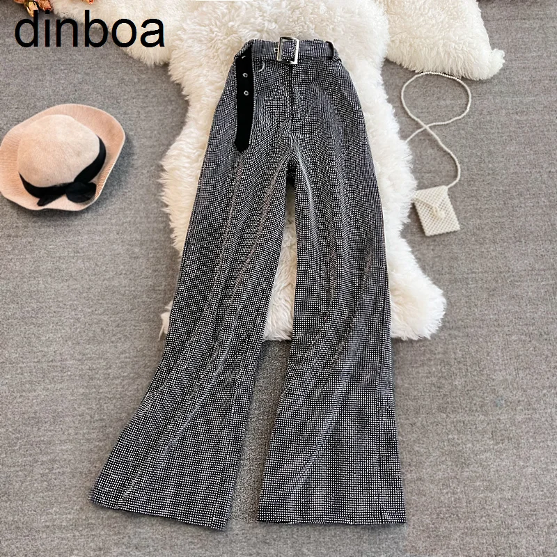 

Dinboa Women's Casual Pants Rhinestone Wide-leg Pants Spring Autumn High Waist Trousers Loose and Slimming Black Long Pants