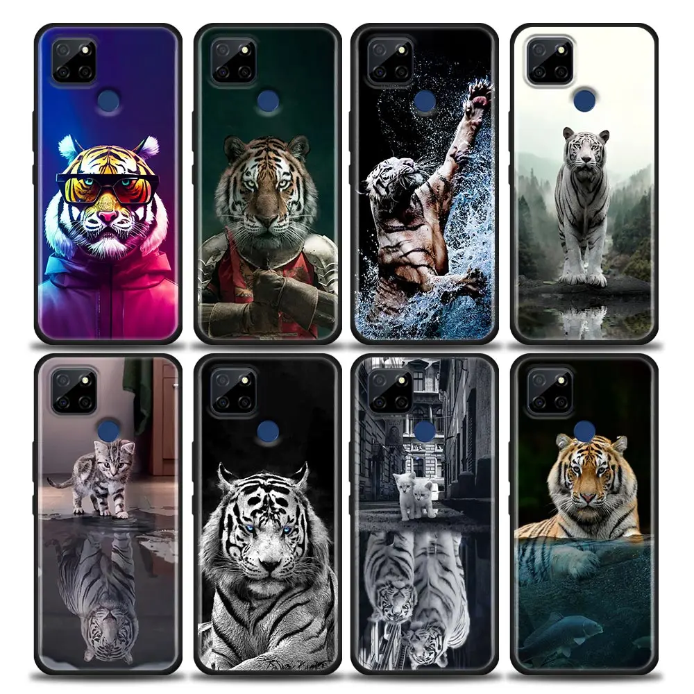 

Black Cute Spirit Animal Tiger Phone Case For Oppo Realme C35 C20 C25 C21 C12 C11 C2 A53 A74 A16 A15 A9 A54 A95 A93 A31 A52 A5s