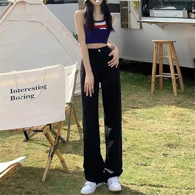 Jeans Women's Solid Color Straight Leg Pants Spring Autumn New High Waist Button Pocket Loose Trousers Casual Female Clothing647