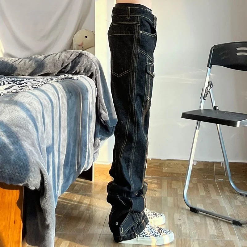 DEEPTOWN Button Cargo Jeans Men Baggy Pants for Mens Designer Cargos Denim Trousers Male Pocket Streetwear Hip Hop Distressed