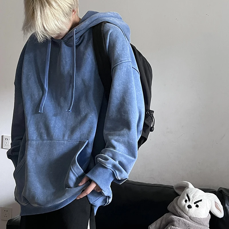 

Priathinker Retro Washed Hoodies Men Loose Solid Color 2023 Autumn Fashion Warm Hoody Pullovers Coat Hip Hop Y2k Sweatshirt Male