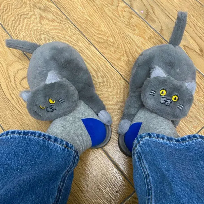 

Cuddly Hug Cat Slippers Women Men Winter Home Slides Kawaii Floor Shoes Furry Slippers Girl Funny Cute Gift Slippers 2023 New