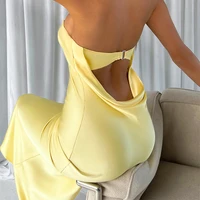 sexy strapless midi dress backless women sleeveless elegant club party dresses bodycon summer yellow satin outfit holiday 2022