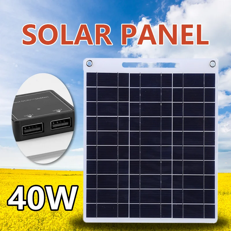 

40W Solar Panel Portable 5V USB Fast-charging Cell Phone Outdoor Emergency Charging Battery Camping Hike Travel Charger Plate