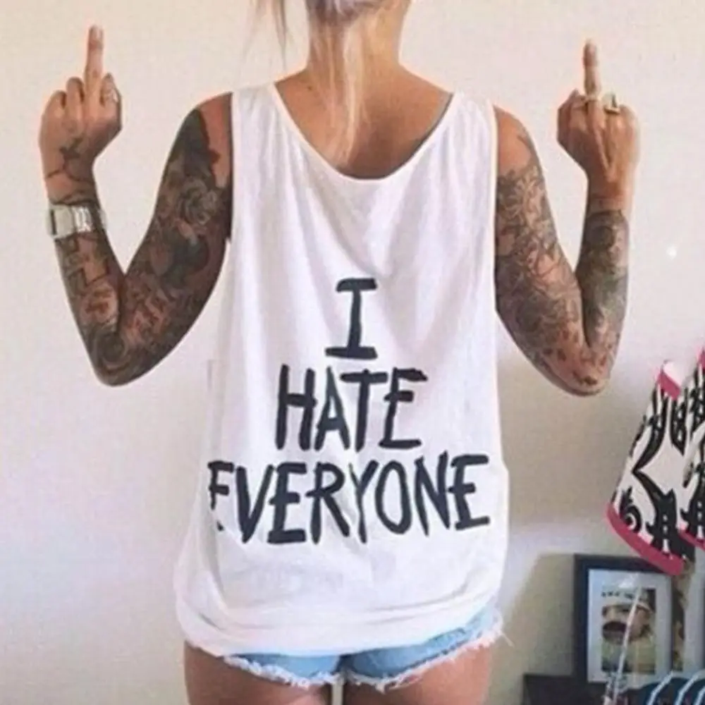 

Женский жилет с буквенным принтом I HATE All, однотонная безрукавка с круглым вырезом, повседневный стильный свободный универсальный топ
