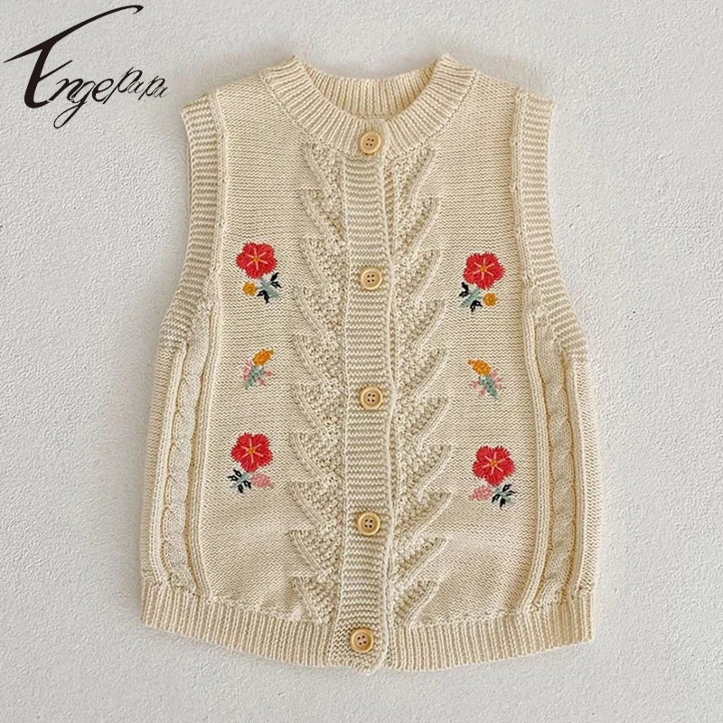 

Engepapa Spring Autumn Infant Baby Girls Sleeveless Embroider Waistcoat Knitted Vest Versatile Cotton Grid Cardigan Coat
