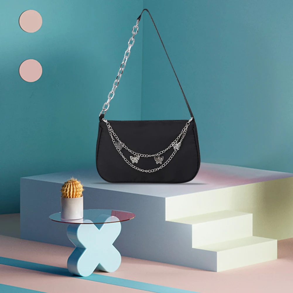 

Fashion Women Solid Color Small Underarm Bag Leisure Nylon Shoulder Bags with Butterfly Chain Square Zipper Handbags
