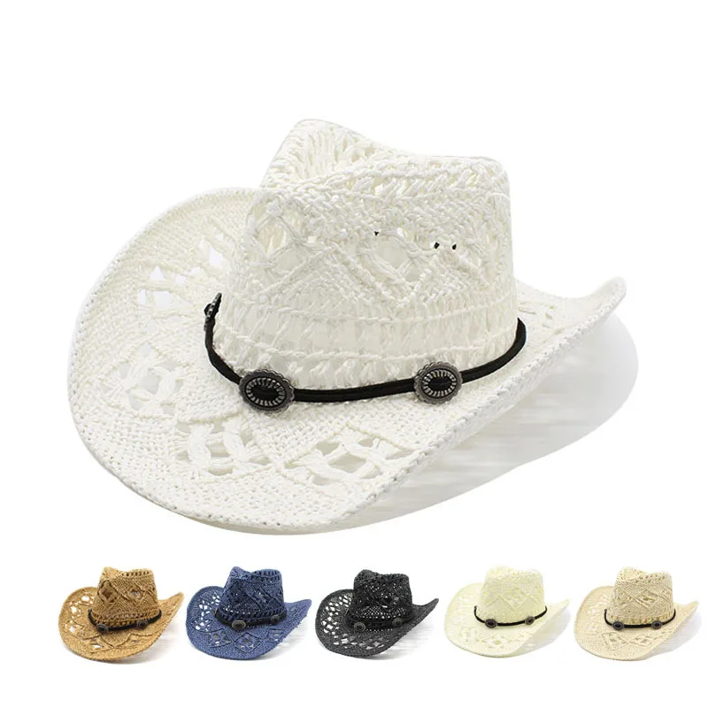 

2023 Summer Natural Paper Straw Handmade Crochet Hat Breathable Western Cowboy Beach Cap Outdoors Cowgirl Travel Sun Hat