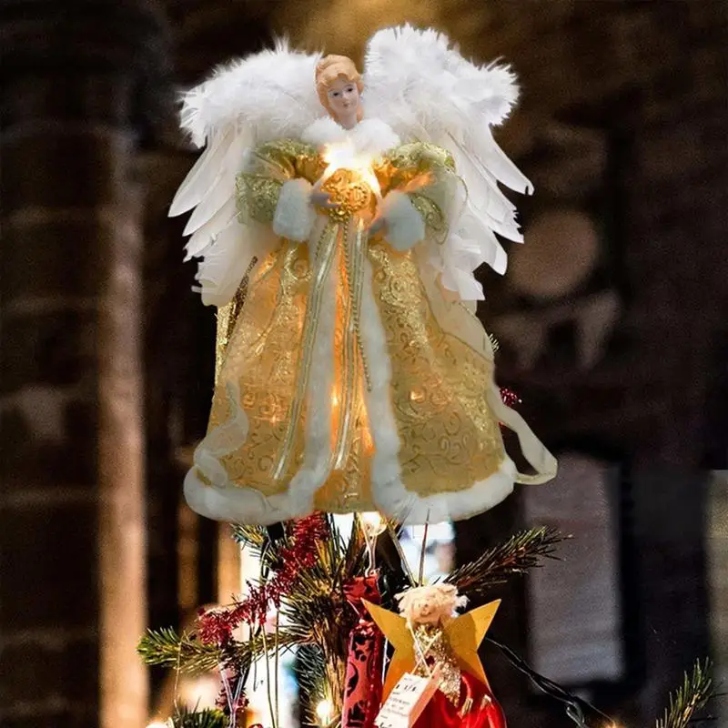 

Angel Christmas Tree Topper White Feather Wings With Light Up Figurine Multifunctional Golden Doll Tree HangerFor Christmas Deco