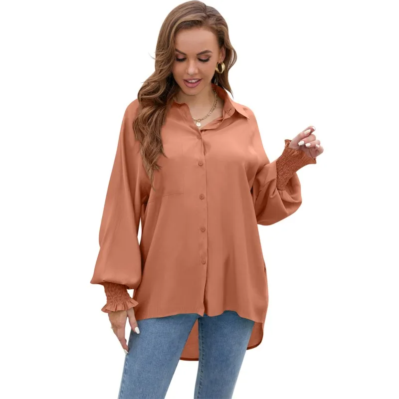 

Pocket Autumn/Winter 2023 Long Sleeve Lapel Raglan Sleeve Top Soft Solid Loose Women's Casual Shirt Blouse Blusas Camisa