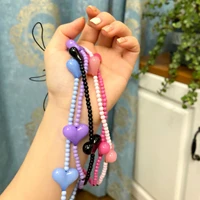 pure color mobile phone chain acrylic lanyard anti lost hanging heart hand bead mobile phone charm