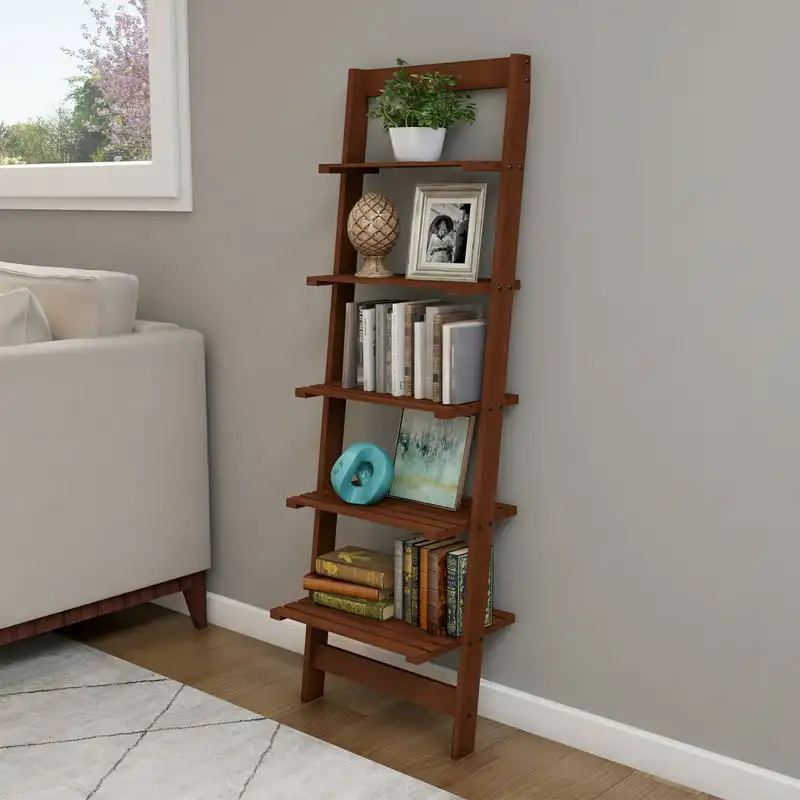 

5-Tier Ladder Bookshelf- Leaning Decorative Shelves for Display-Wood Decor for Living Room, Bathroom & Kitchen Shelving (Walnu