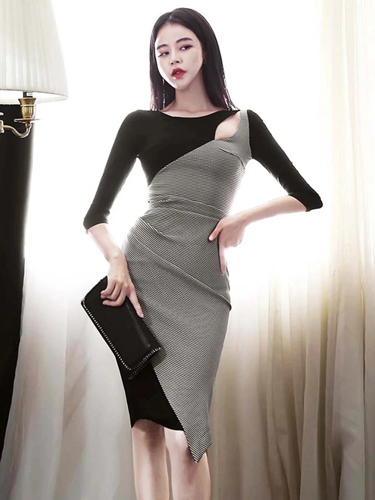 

autumn spring fashion hollow out patchwork formal dress temperamental high quality OL vintage elegant cute asymmetrical dress