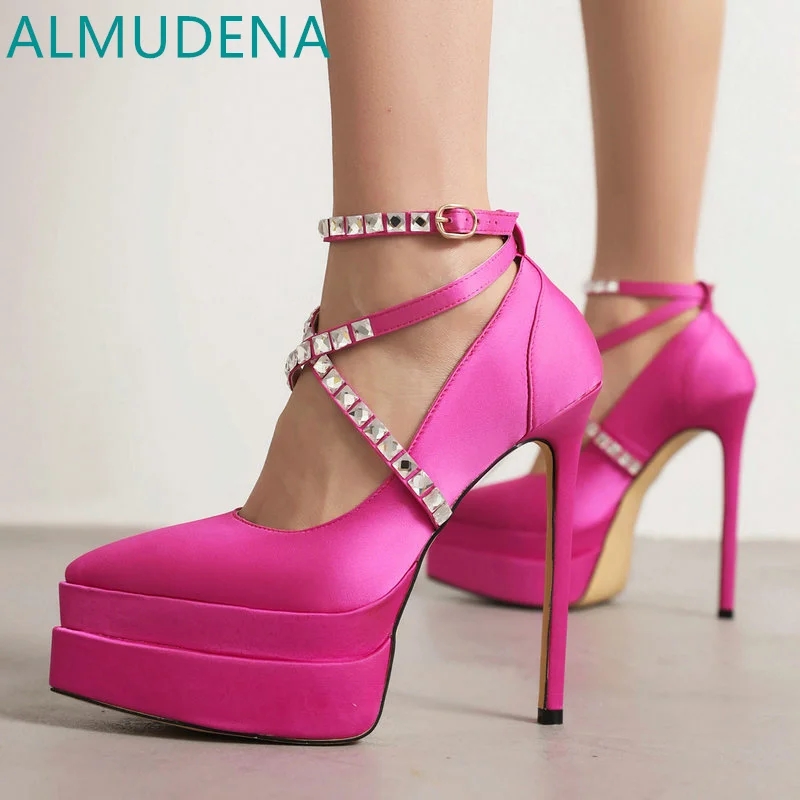 

Satin Pointed Toe Thin Heel Platform Women Pumps Tied Cross Rhinestones Buckle Strap Super High Heel Mature Dress Pumps Shoes